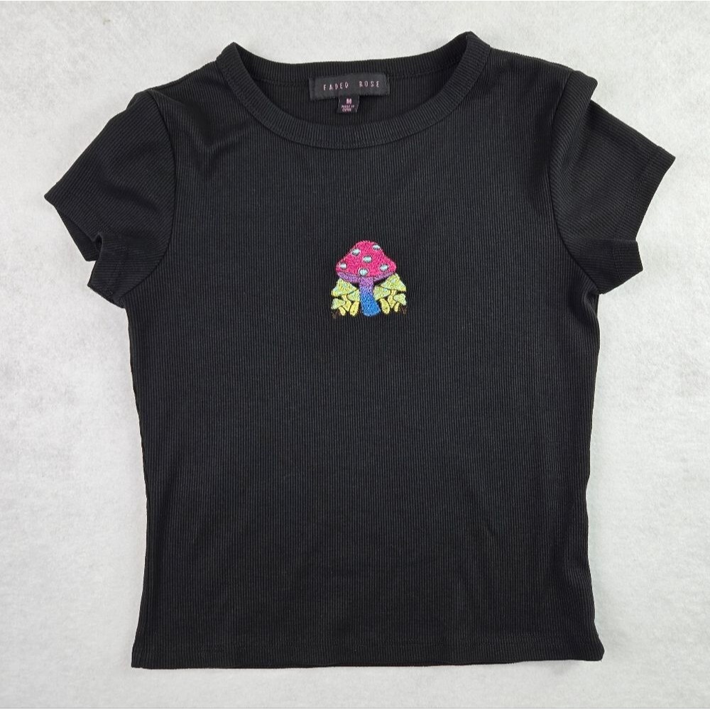 Faded Rose Black Top with Colorful Mushroom Embroidered Design